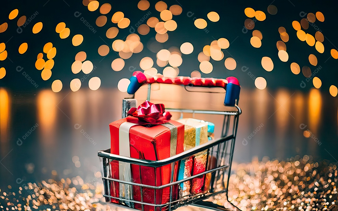 Presentes sobre carrinho de compras sobre fundo luzes de natal