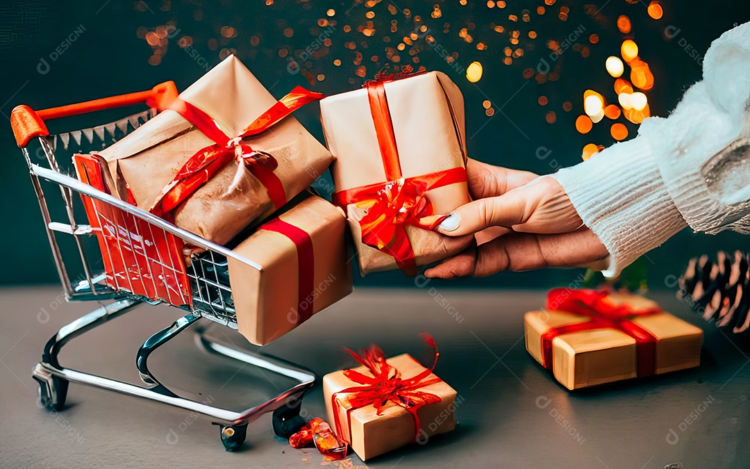 Presentes sobre carrinho de compras sobre fundo luzes de natal