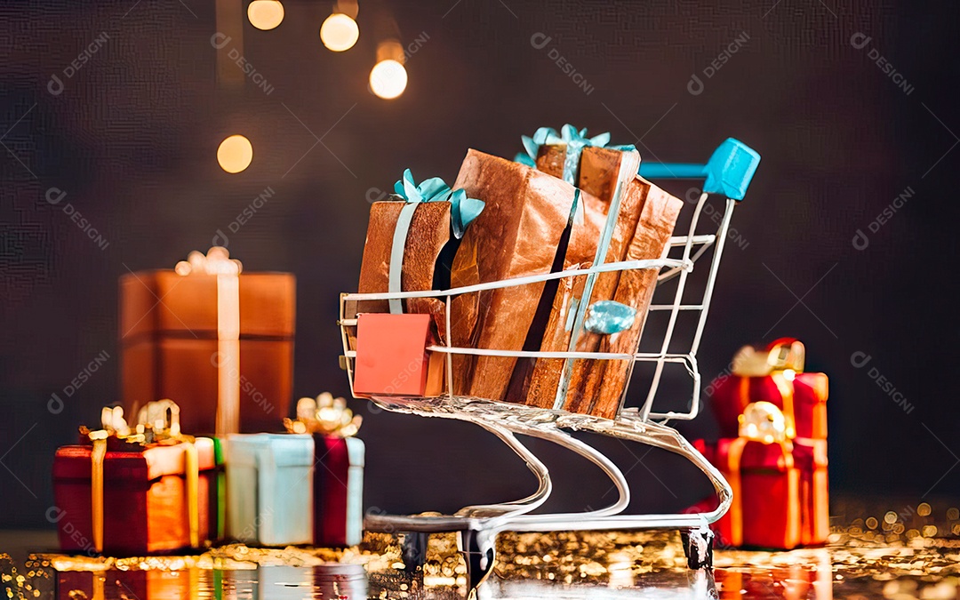 Presentes sobre carrinho de compras sobre fundo luzes de natal