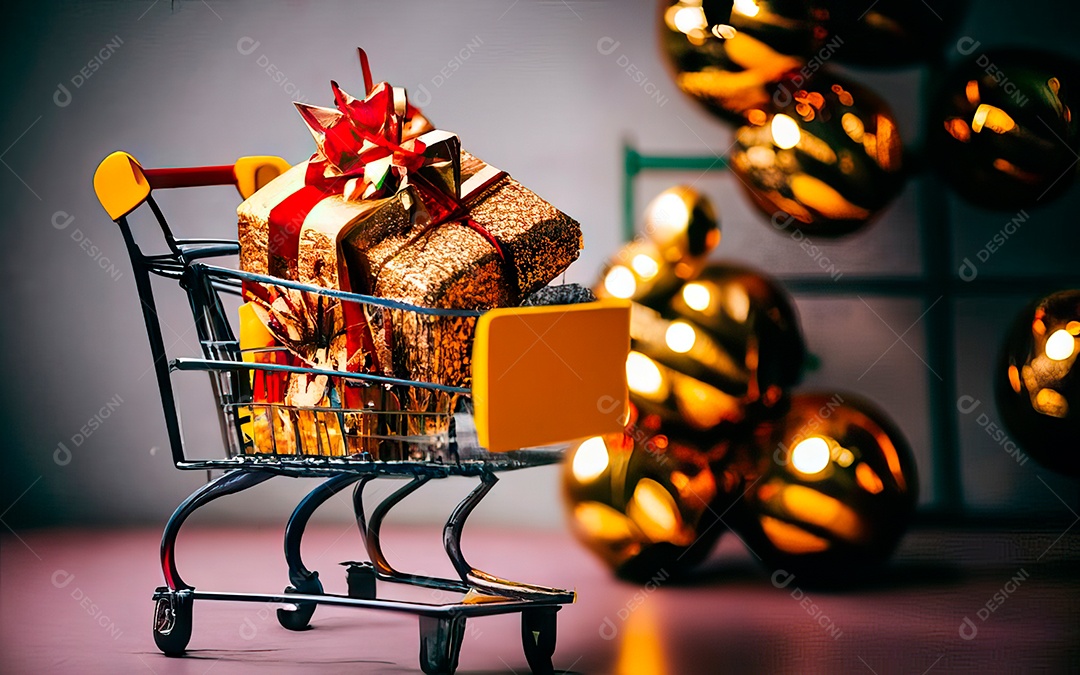 Presentes sobre carrinho de compras sobre fundo luzes de natal