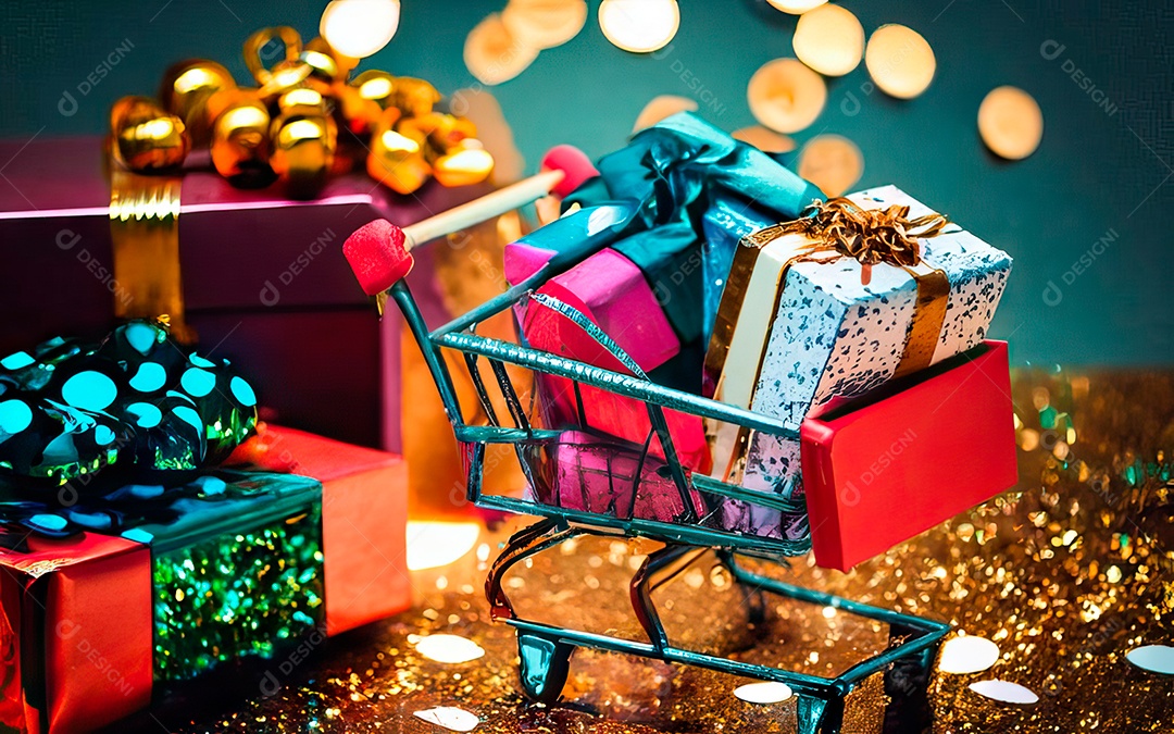 Presentes sobre carrinho de compras sobre fundo luzes de natal