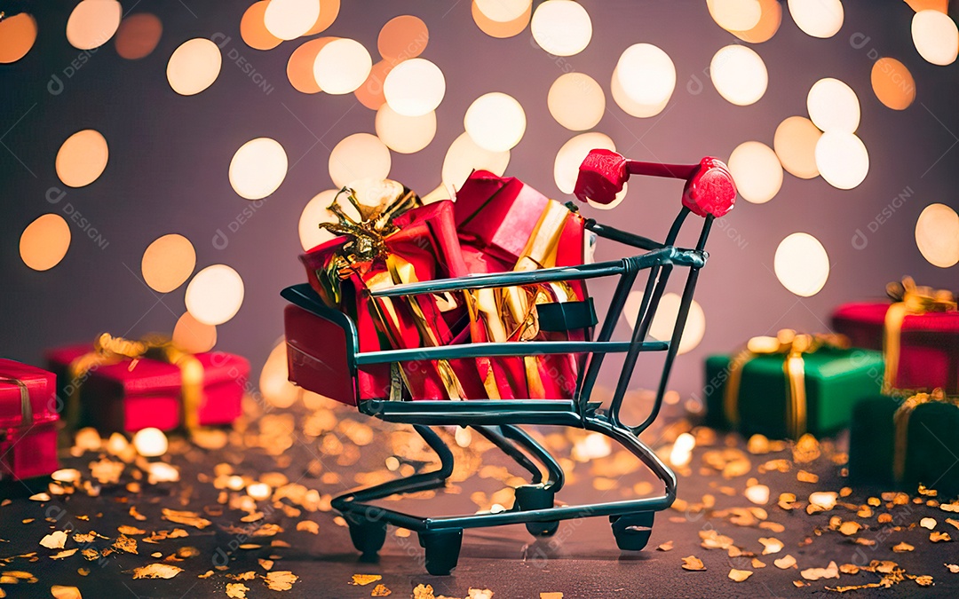 Presentes sobre carrinho de compras sobre fundo luzes de natal