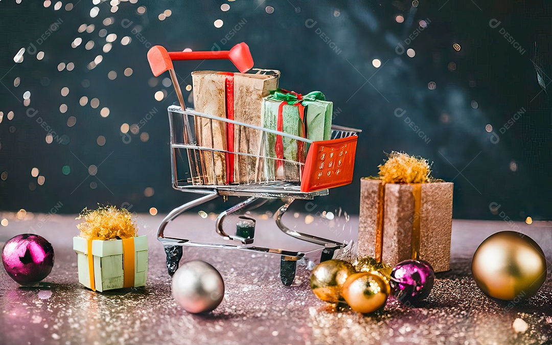 Presentes sobre carrinho de compras sobre fundo luzes de natal