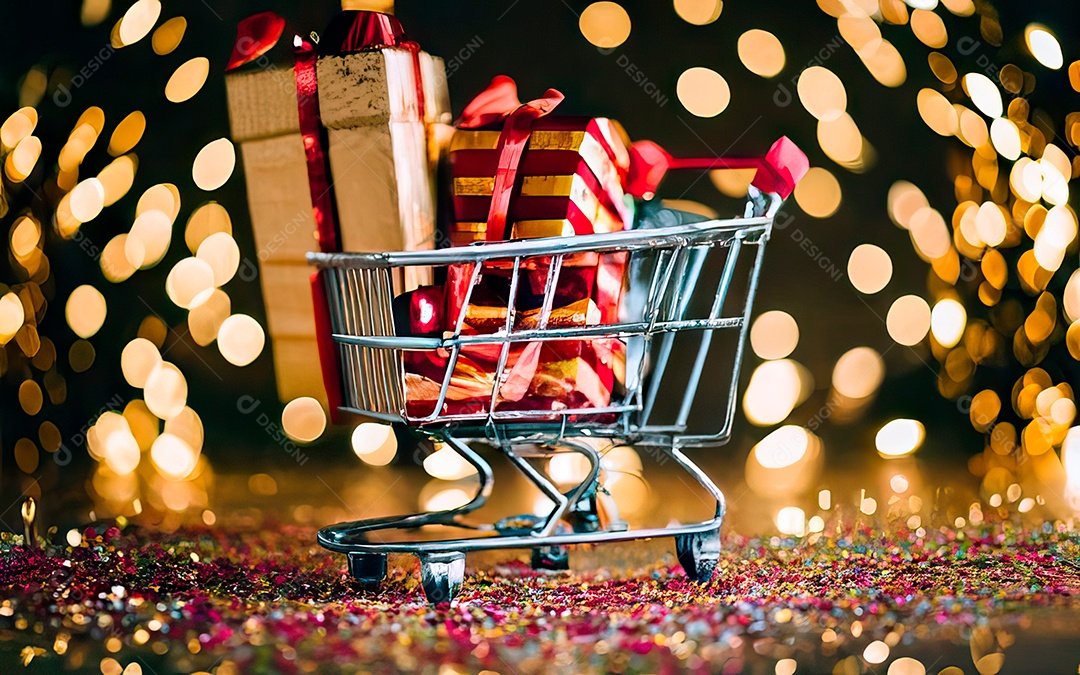 Presentes sobre carrinho de compras sobre fundo luzes de natal