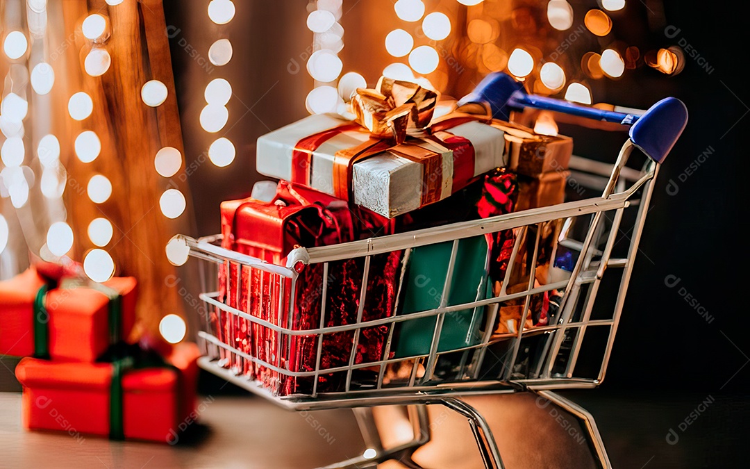Presentes sobre carrinho de compras sobre fundo luzes de natal