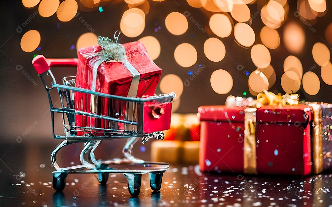 Presentes sobre carrinho de compras sobre fundo luzes de natal