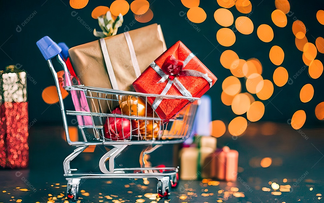Presentes sobre carrinho de compras sobre fundo luzes de natal
