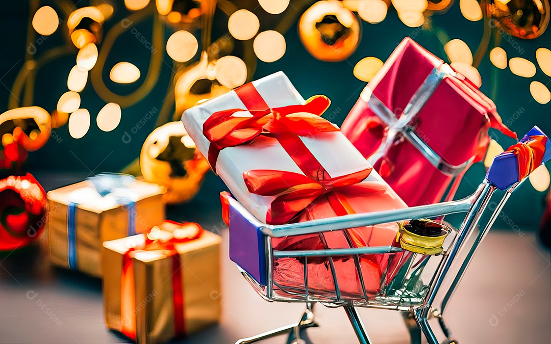 Presentes sobre carrinho de compras sobre fundo luzes de natal