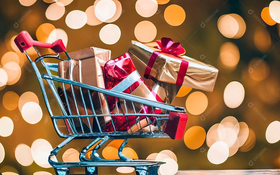 Presentes sobre carrinho de compras sobre fundo luzes de natal