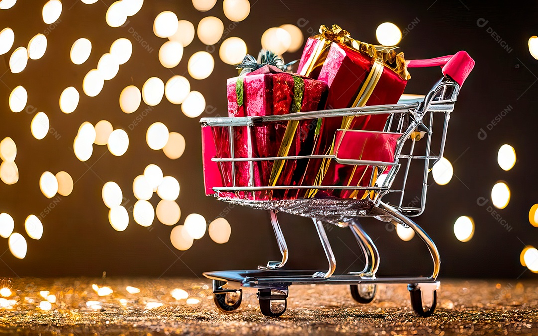 Presentes sobre carrinho de compras sobre fundo luzes de natal