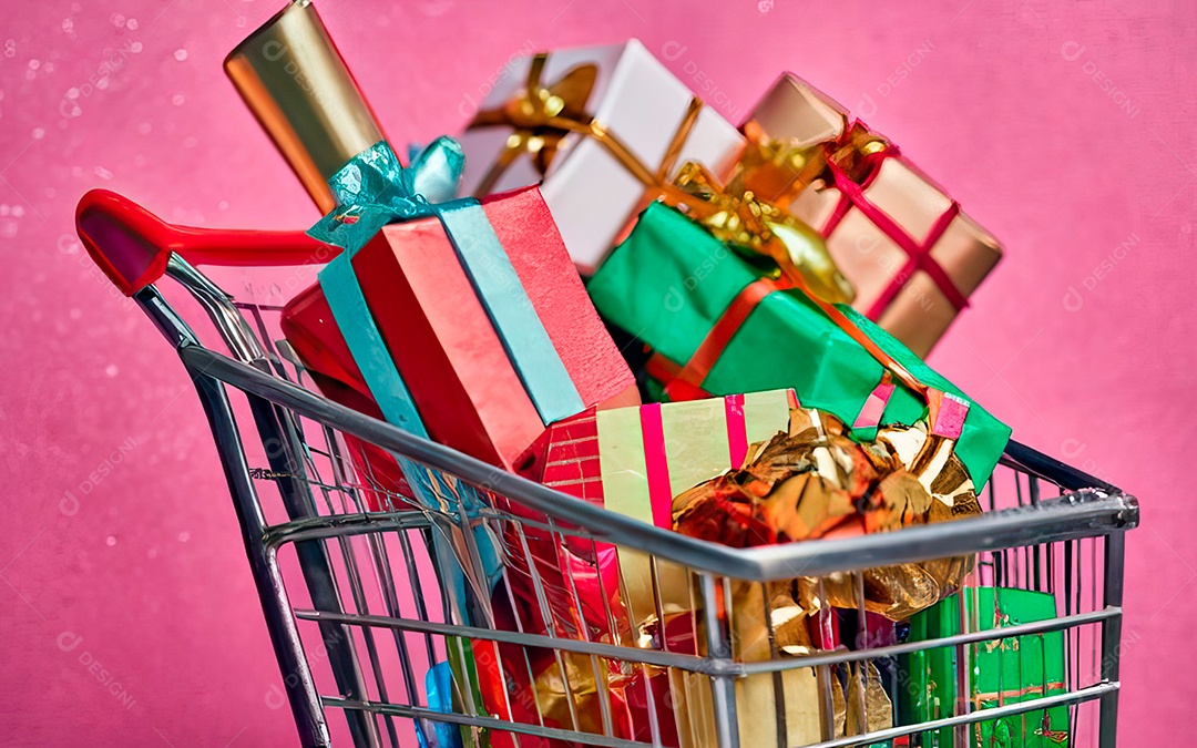 Presentes sobre carrinho de compras sobre fundo luzes de natal