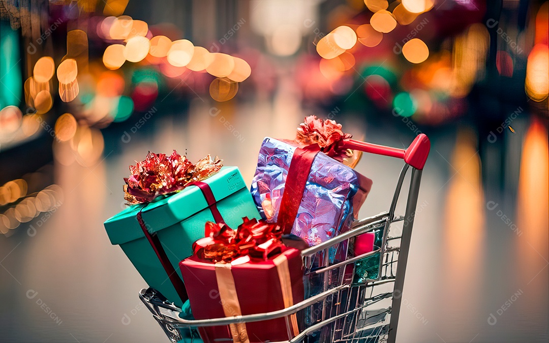 Presentes sobre carrinho de compras sobre fundo luzes de natal
