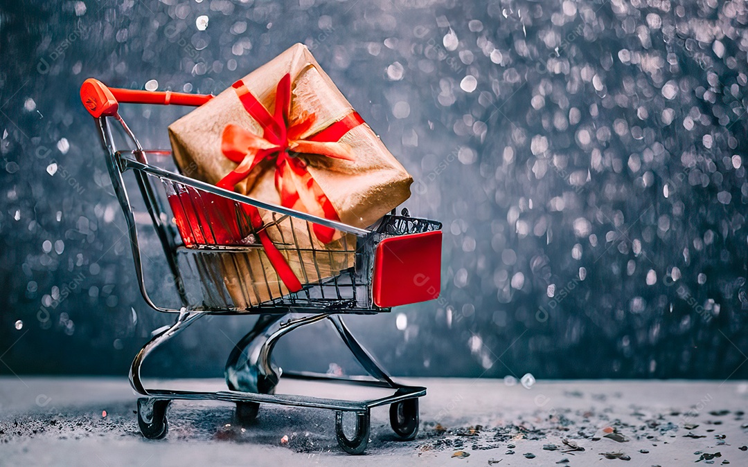 Presentes sobre carrinho de compras sobre fundo luzes de natal