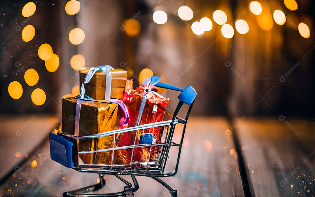 Presentes sobre carrinho de compras sobre fundo luzes de natal