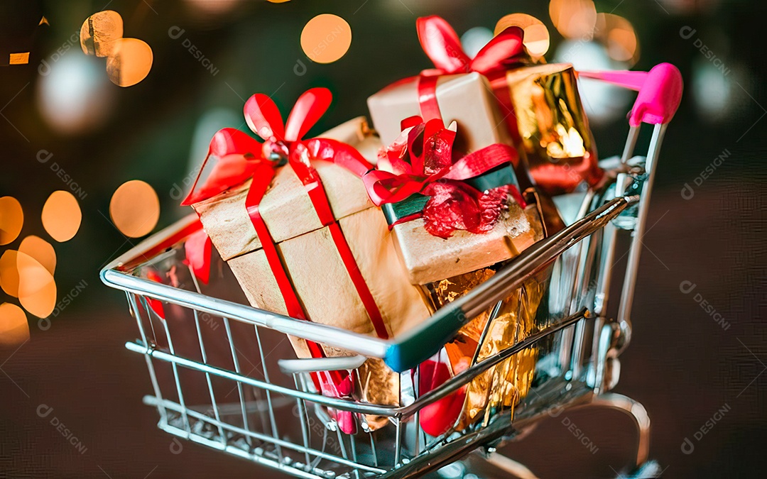 Presentes sobre carrinho de compras sobre fundo luzes de natal