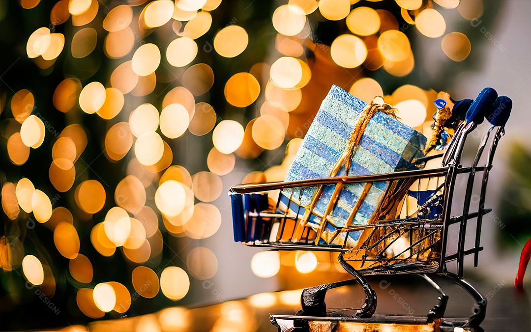 Presentes sobre carrinho de compras sobre fundo luzes de natal
