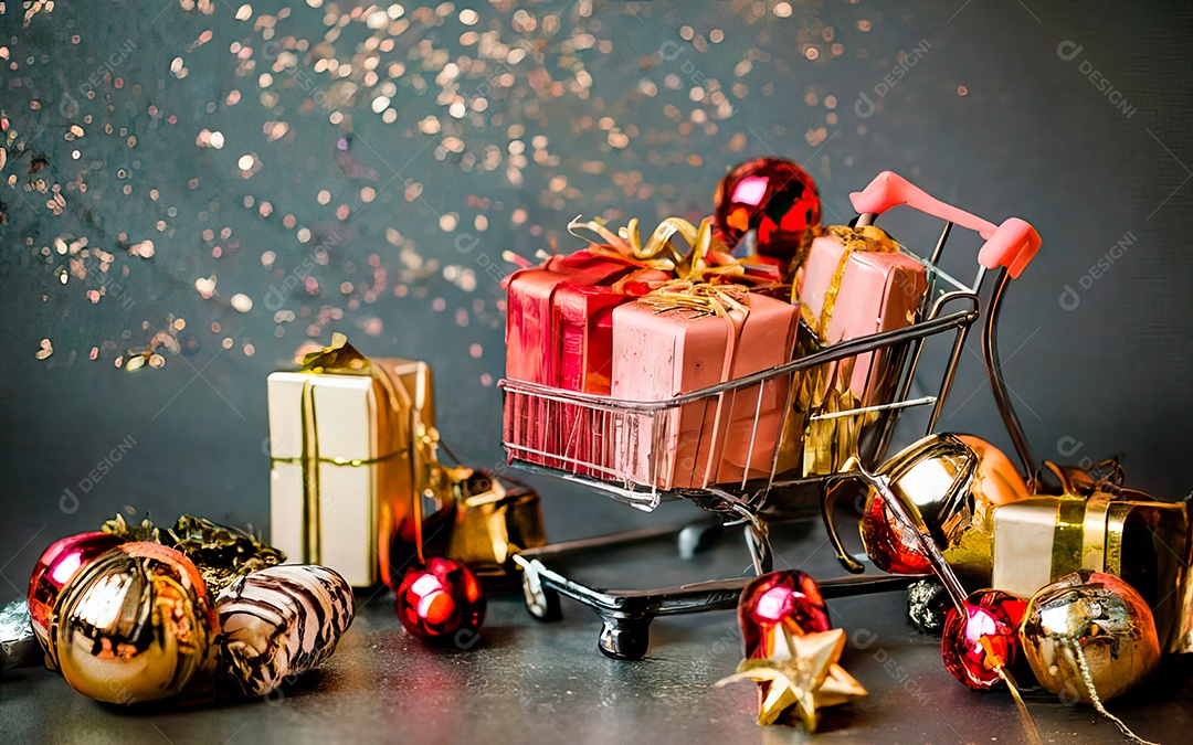 Presentes sobre carrinho de compras sobre fundo luzes de natal