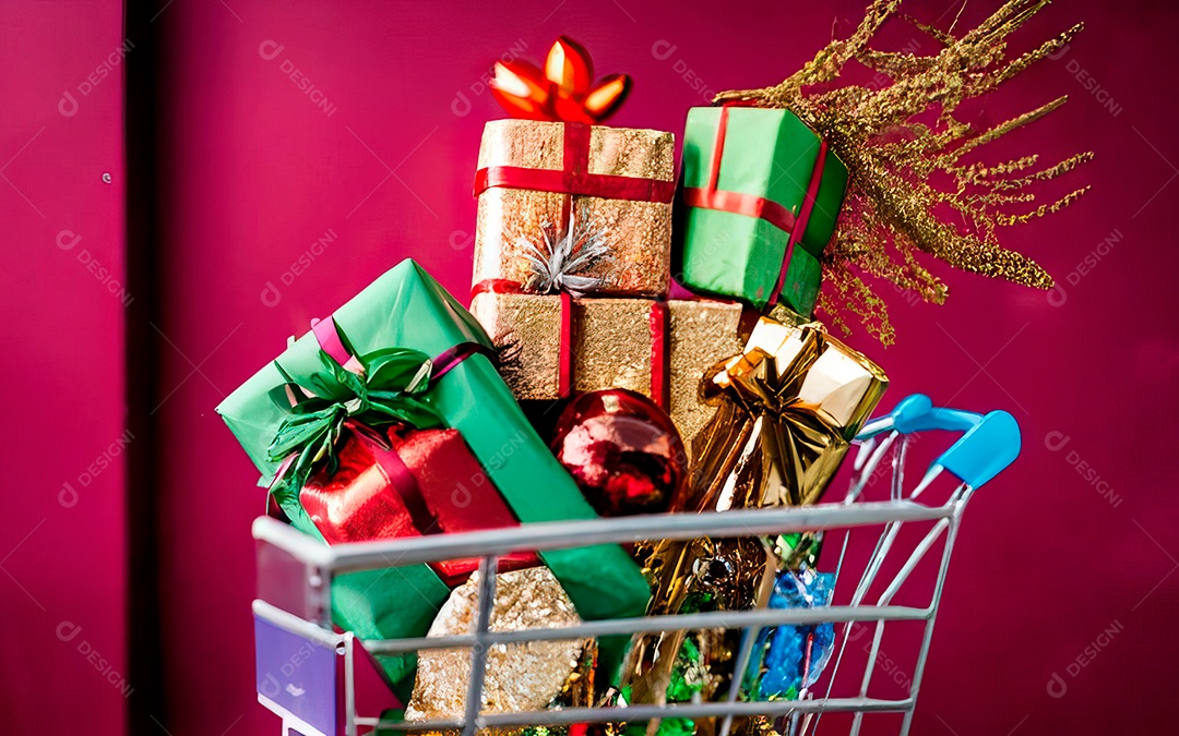 Presentes sobre carrinho de compras sobre fundo luzes de natal