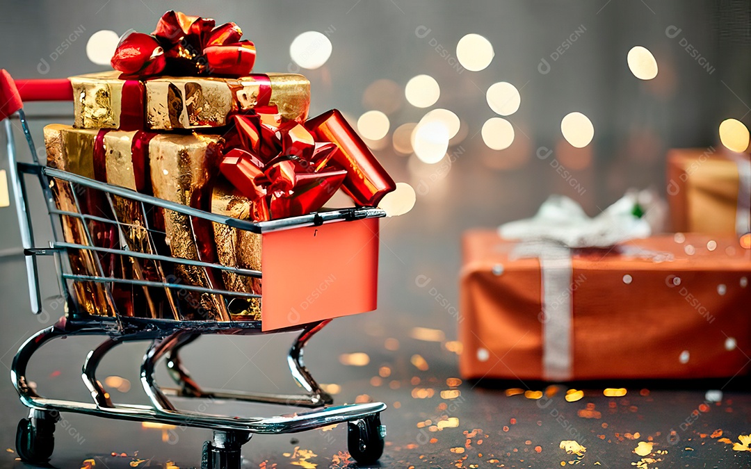 Presentes sobre carrinho de compras sobre fundo luzes de natal