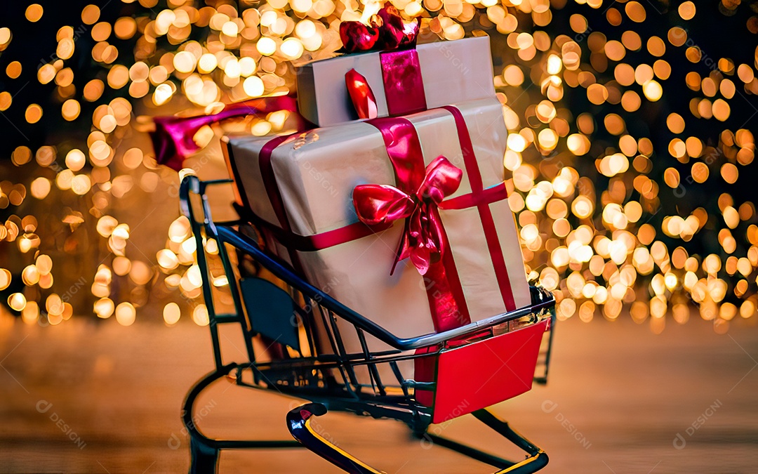 Presentes sobre carrinho de compras sobre fundo luzes de natal