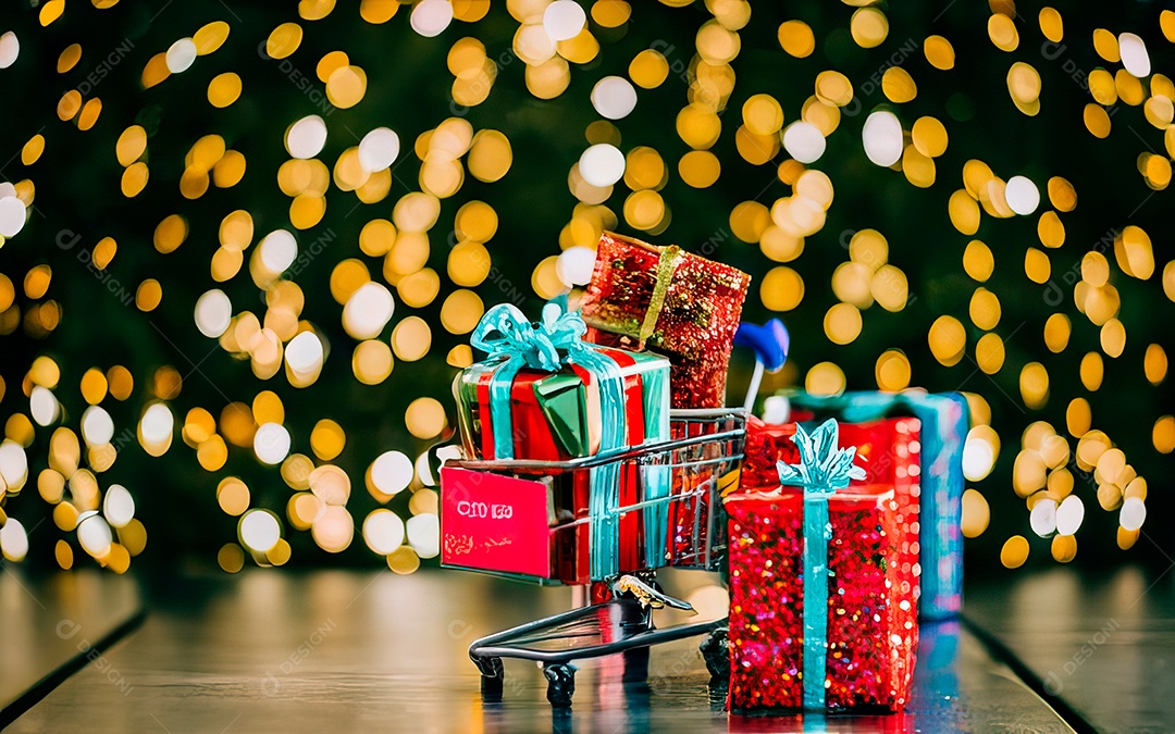 Presentes sobre carrinho de compras sobre fundo luzes de natal