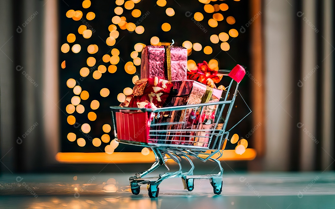 Presentes sobre carrinho de compras sobre fundo luzes de natal