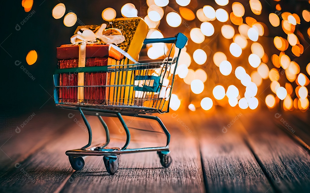 Presentes sobre carrinho de compras sobre fundo luzes de natal