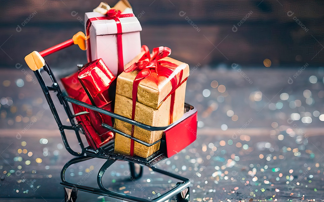 Presentes sobre carrinho de compras sobre fundo luzes de natal