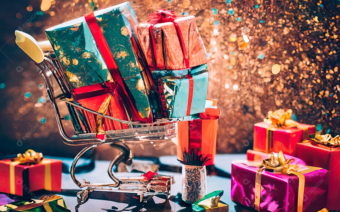 Presentes sobre carrinho de compras sobre fundo luzes de natal