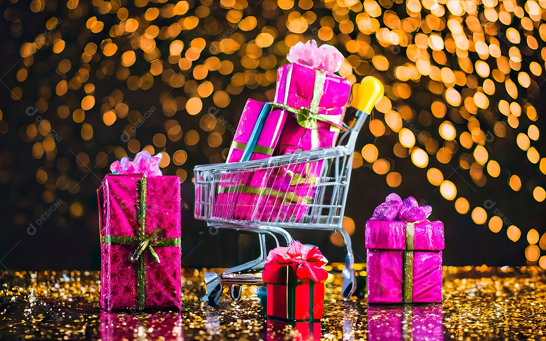 Presentes sobre carrinho de compras sobre fundo luzes de natal