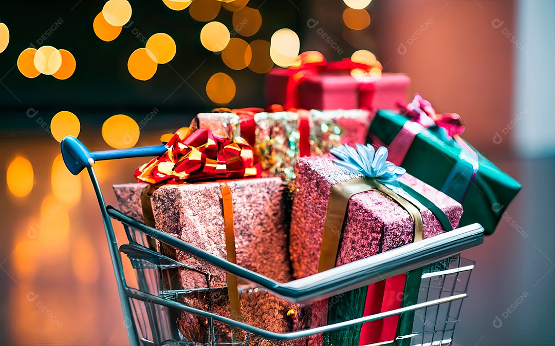 Presentes sobre carrinho de compras sobre fundo luzes de natal