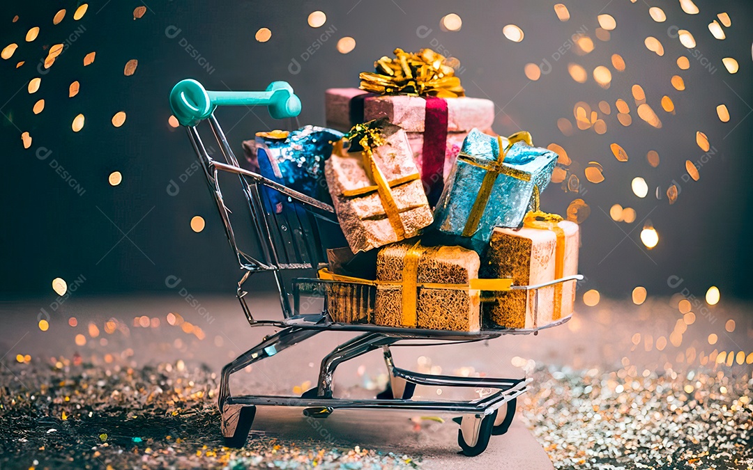 Presentes sobre carrinho de compras sobre fundo luzes de natal