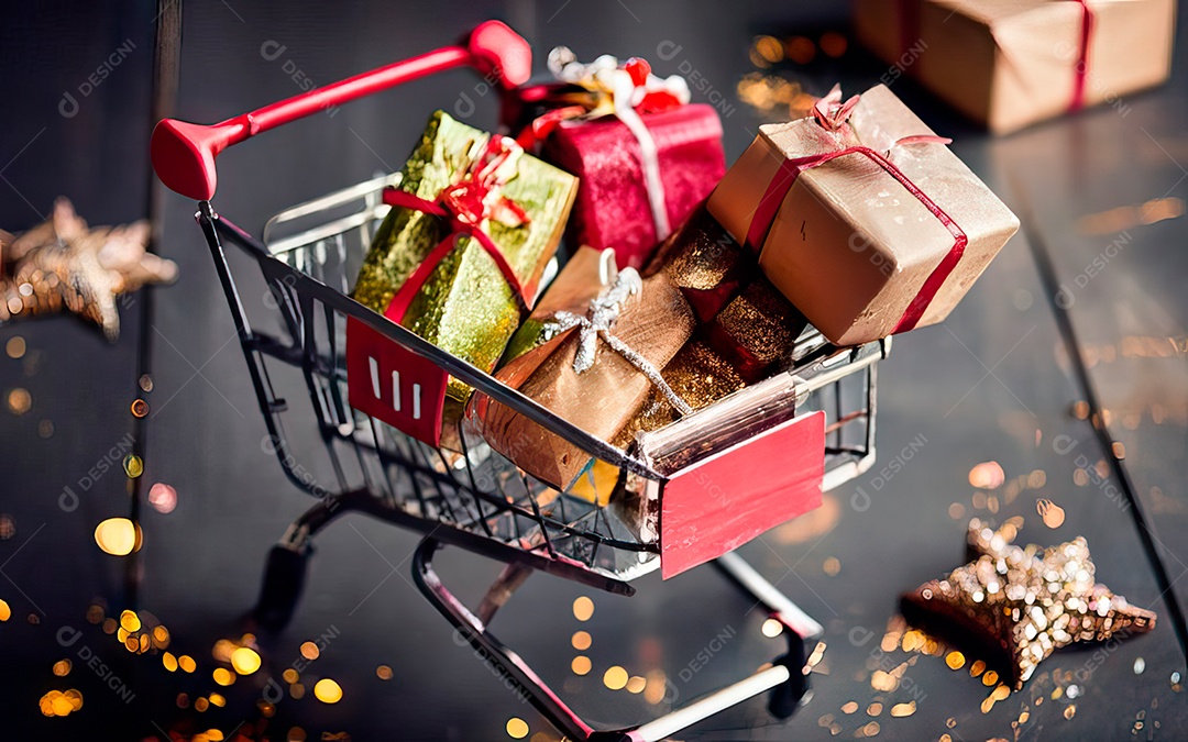 Presentes sobre carrinho de compras sobre fundo luzes de natal