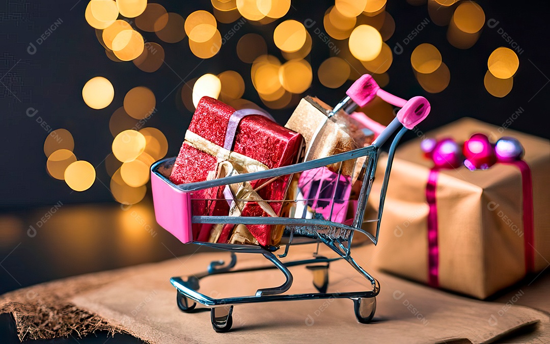 Presentes sobre carrinho de compras sobre fundo luzes de natal