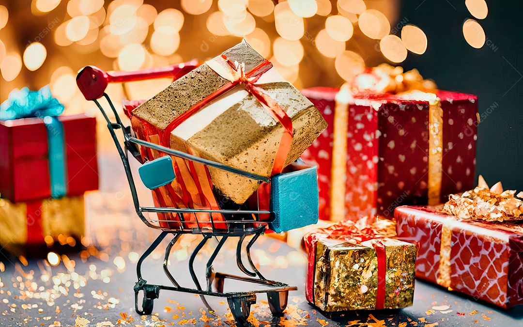 Presentes sobre carrinho de compras sobre fundo luzes de natal