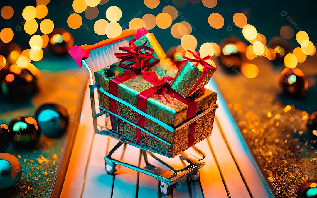 Presentes sobre carrinho de compras sobre fundo luzes de natal