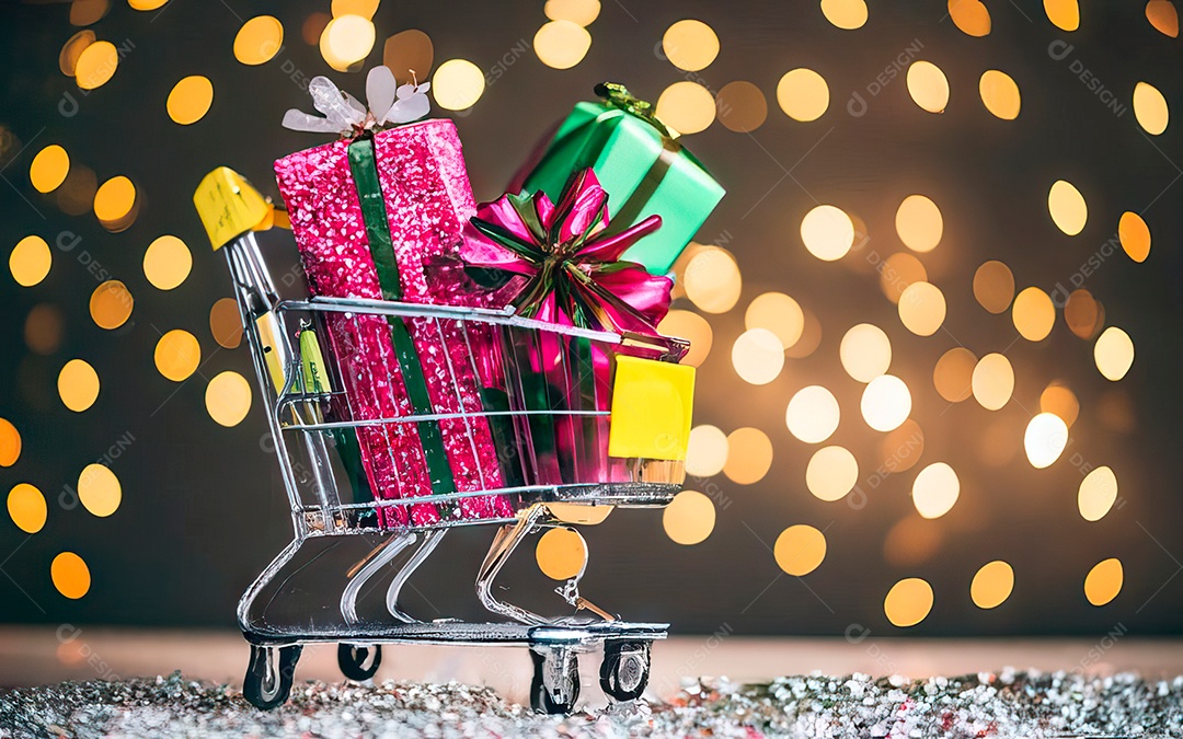 Presentes sobre carrinho de compras sobre fundo luzes de natal