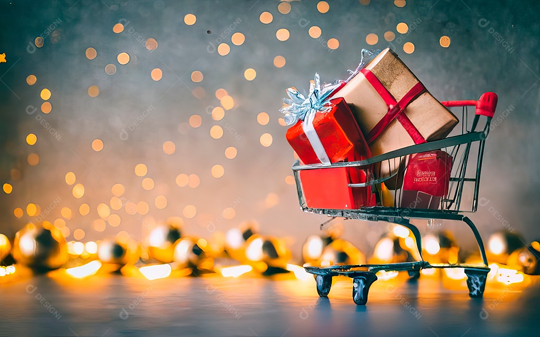 Presentes sobre carrinho de compras sobre fundo luzes de natal