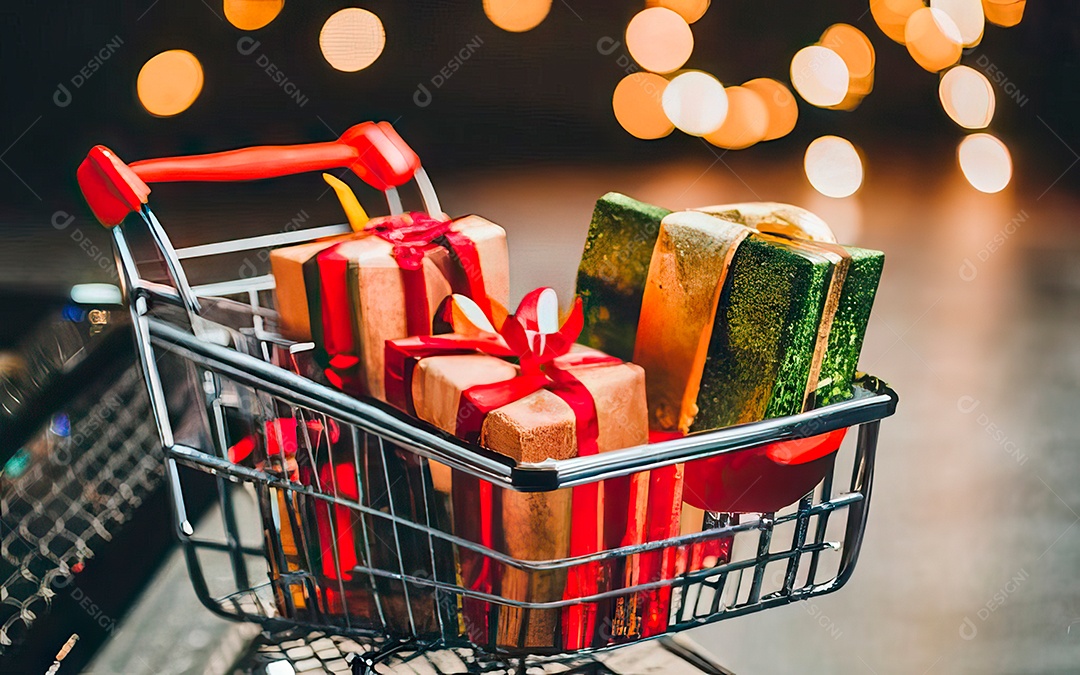 Presentes sobre carrinho de compras sobre fundo luzes de natal