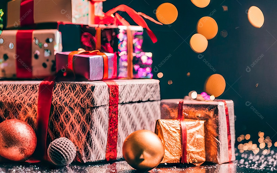 Presentes sobre carrinho de compras sobre fundo luzes de natal