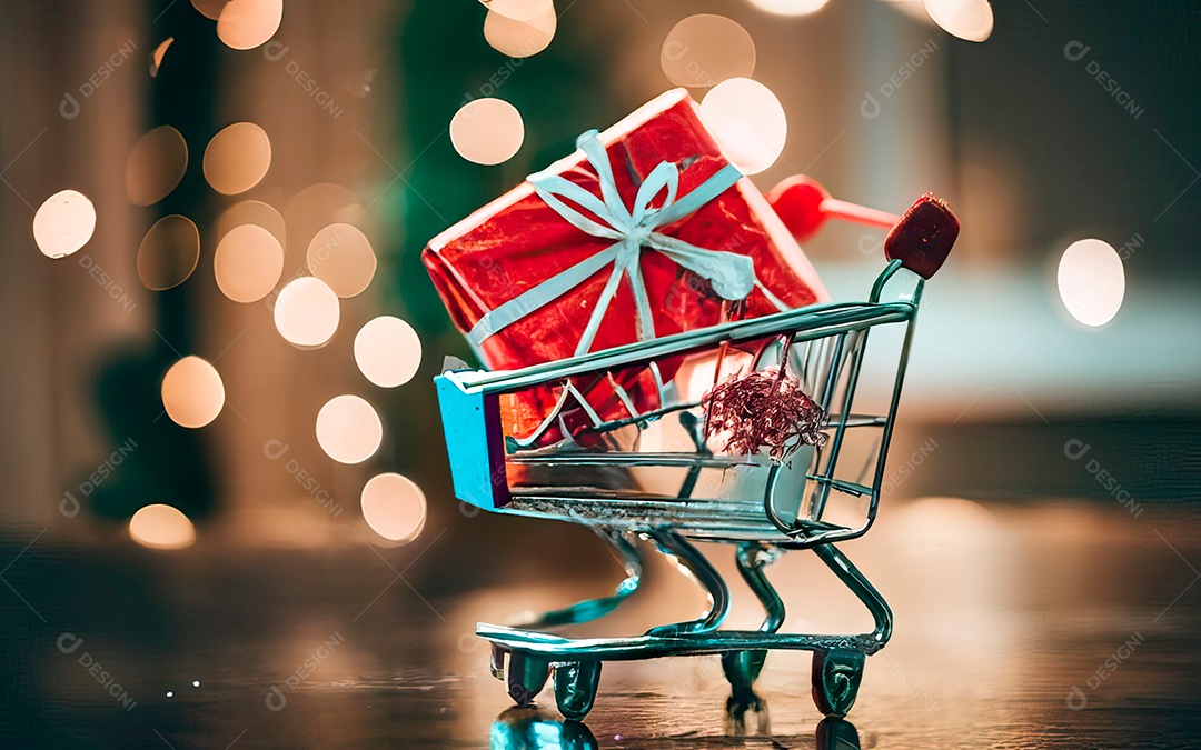 Presentes sobre carrinho de compras sobre fundo luzes de natal