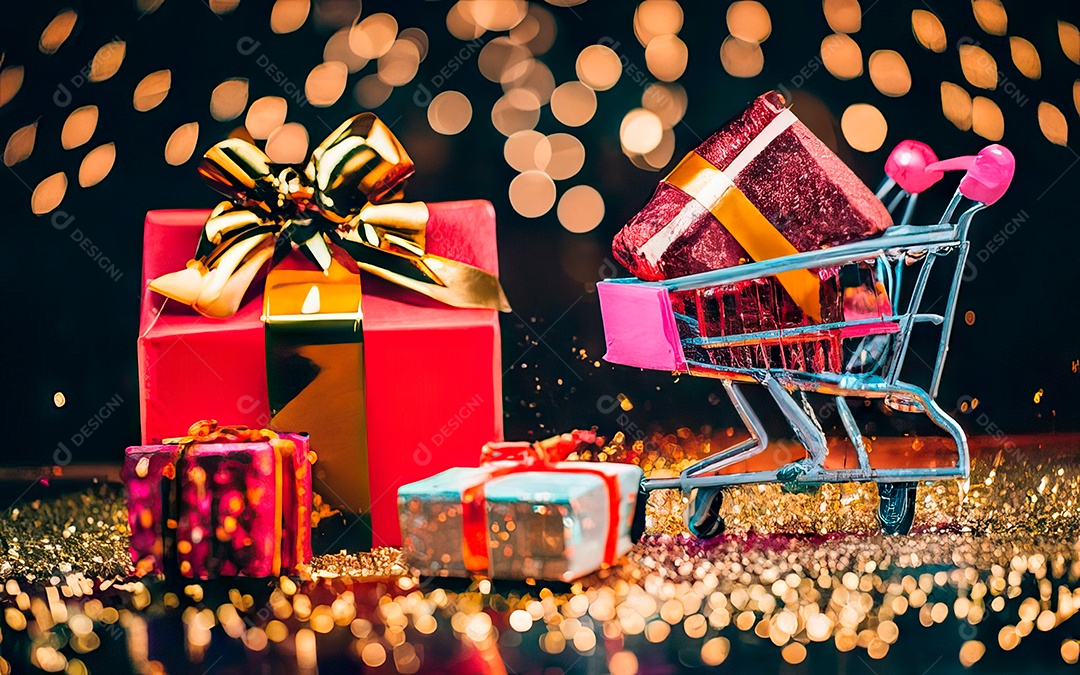 Presentes sobre carrinho de compras sobre fundo luzes de natal