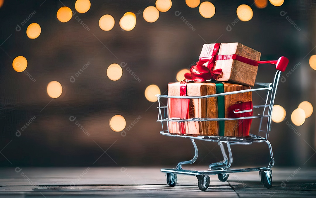 Presentes sobre carrinho de compras sobre fundo luzes de natal