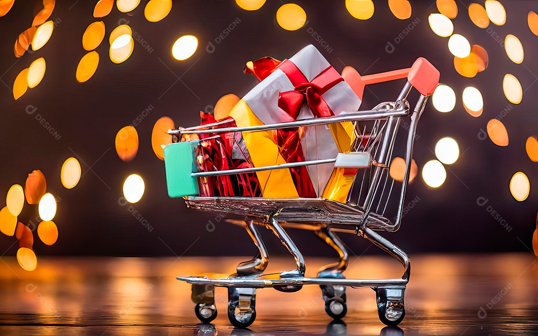 Presentes sobre carrinho de compras sobre fundo luzes de natal