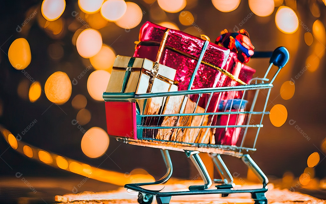 Presentes sobre carrinho de compras sobre fundo luzes de natal