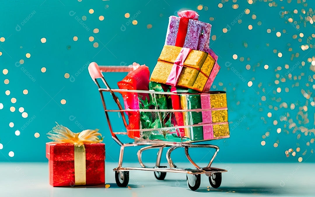Presentes sobre carrinho de compras sobre fundo luzes de natal