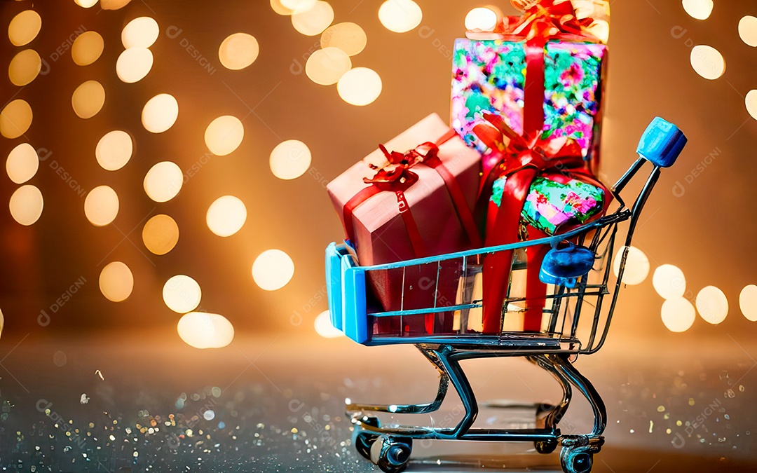 Presentes sobre carrinho de compras sobre fundo luzes de natal