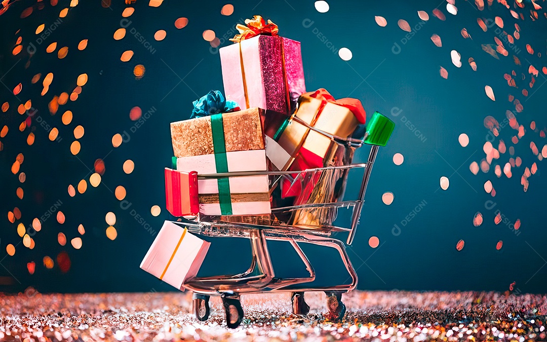 Presentes sobre carrinho de compras sobre fundo luzes de natal