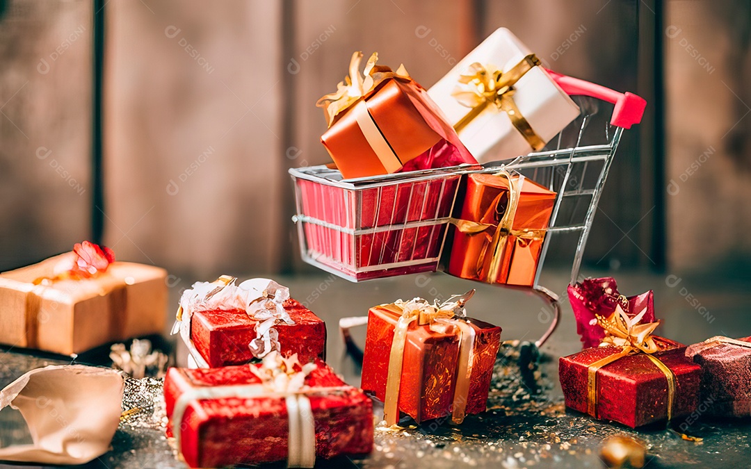 Presentes sobre carrinho de compras sobre fundo luzes de natal
