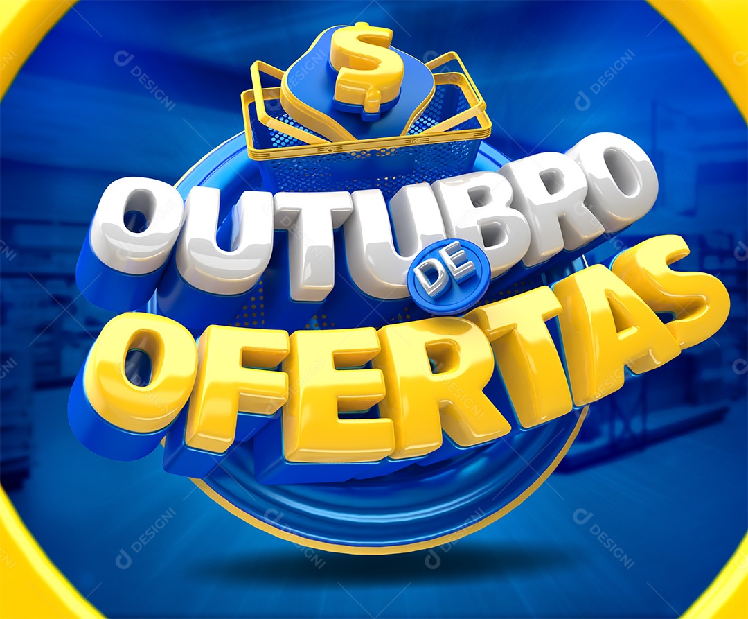 Outubro de Ofertas Selo 3D Azul Dourado para Composição PSD